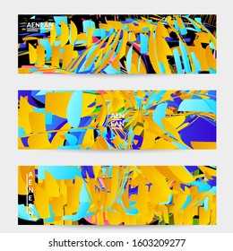 Abstract banner template with bright colored random small particle explosion. Sport music social media layout. Optical art dynamic background with outer space motion. Futuristic vector.