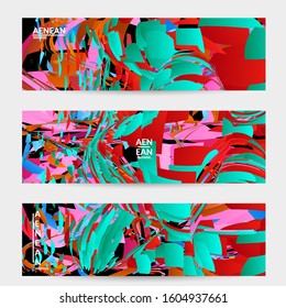 Abstract banner template with bright colored random small particle explosion. Sport music social media layout. Optical art dynamic background with outer space motion. Futuristic vector.