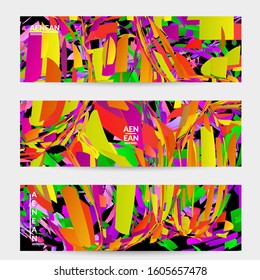 Abstract banner template with bright colored random small particle explosion. Sport music social media layout. Optical art dynamic background with outer space motion. Futuristic vector.