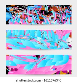 Abstract banner template with bright colored random small particle explosion. Sport music social media layout. Optical art dynamic background with outer space motion. Futuristic vector.