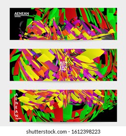 Abstract banner template with bright colored random small particle explosion. Sport music social media layout. Optical art dynamic background with outer space motion. Futuristic vector.