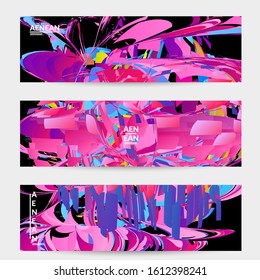 Abstract banner template with bright colored random small particle explosion. Sport music social media layout. Optical art dynamic background with outer space motion. Futuristic vector.