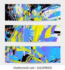Abstract banner template with bright colored random small particle explosion. Sport music social media layout. Optical art dynamic background with outer space motion. Futuristic vector.