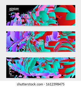 Abstract banner template with bright colored random small particle explosion. Sport music social media layout. Optical art dynamic background with outer space motion. Futuristic vector.