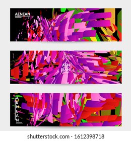 Abstract banner template with bright colored random small particle explosion. Sport music social media layout. Optical art dynamic background with outer space motion. Futuristic vector.