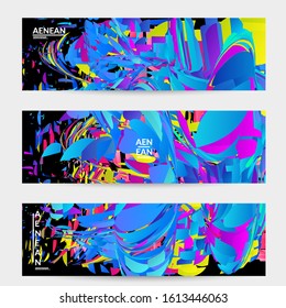 Abstract banner template with bright colored random small particle explosion. Sport music social media layout. Optical art dynamic background with outer space motion. Futuristic vector.