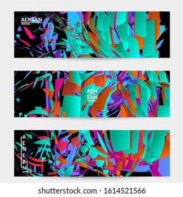 Abstract banner template with bright colored random small particle explosion. Sport music social media layout. Optical art dynamic background with outer space motion. Futuristic vector.