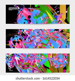 Abstract banner template with bright colored random small particle explosion. Sport music social media layout. Optical art dynamic background with outer space motion. Futuristic vector.