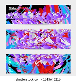Abstract banner template with bright colored random small particle explosion. Sport music social media layout. Optical art dynamic background with outer space motion. Futuristic vector.