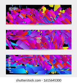 Abstract banner template with bright colored random small particle explosion. Sport music social media layout. Optical art dynamic background with outer space motion. Futuristic vector.