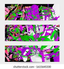 Abstract banner template with bright colored random small particle explosion. Sport music social media layout. Optical art dynamic background with outer space motion. Futuristic vector.