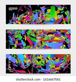 Abstract banner template with bright colored random small particle explosion. Sport music social media layout. Optical art dynamic background with outer space motion. Futuristic vector.