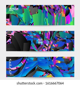 Abstract banner template with bright colored random small particle explosion. Sport music social media layout. Optical art dynamic background with outer space motion. Futuristic vector.