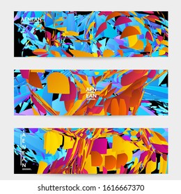 Abstract banner template with bright colored random small particle explosion. Sport music social media layout. Optical art dynamic background with outer space motion. Futuristic vector.