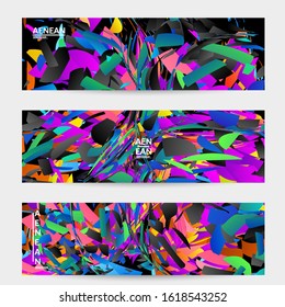 Abstract banner template with bright colored random small particle explosion. Sport music social media layout. Optical art dynamic background with outer space motion. Futuristic vector.