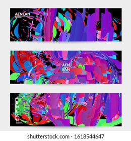Abstract banner template with bright colored random small particle explosion. Sport music social media layout. Optical art dynamic background with outer space motion. Futuristic vector.
