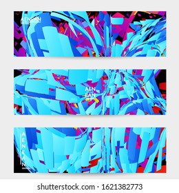 Abstract banner template with bright colored random small particle explosion. Sport music social media layout. Optical art dynamic background with outer space motion. Futuristic vector.