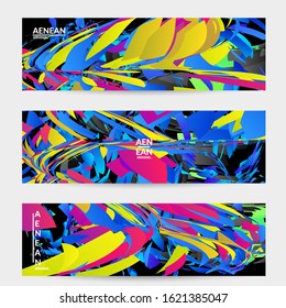 Abstract banner template with bright colored random small particle explosion. Sport music social media layout. Optical art dynamic background with outer space motion. Futuristic vector.