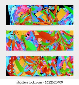 Abstract banner template with bright colored random small particle explosion. Sport music social media layout. Optical art dynamic background with outer space motion. Futuristic vector.