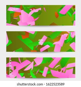 Abstract banner template with bright colored random stripes. Dynamic modern design with scattered gradient geometric shapes. Simple colorful futuristic elements. Sport music social media layout.