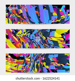 Abstract banner template with bright colored random small particle explosion. Sport music social media layout. Optical art dynamic background with outer space motion. Futuristic vector.