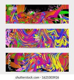 Abstract banner template with bright colored random small particle explosion. Sport music social media layout. Optical art dynamic background with outer space motion. Futuristic vector.