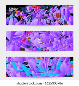 Abstract banner template with bright colored random small particle explosion. Sport music social media layout. Optical art dynamic background with outer space motion. Futuristic vector.