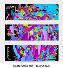 Abstract banner template with bright colored random small particle explosion. Sport music social media layout. Optical art dynamic background with outer space motion. Futuristic vector.