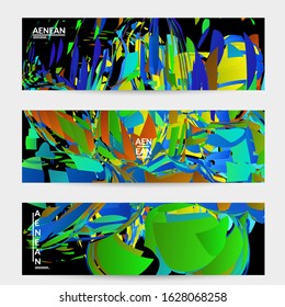 Abstract banner template with bright colored random small particle explosion. Sport music social media layout. Optical art dynamic background with outer space motion. Futuristic vector.