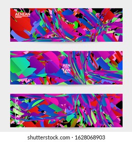 Abstract banner template with bright colored random small particle explosion. Sport music social media layout. Optical art dynamic background with outer space motion. Futuristic vector.