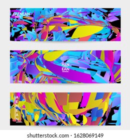Abstract banner template with bright colored random small particle explosion. Sport music social media layout. Optical art dynamic background with outer space motion. Futuristic vector.