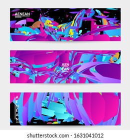 Abstract banner template with bright colored random small particle explosion. Sport music social media layout. Optical art dynamic background with outer space motion. Futuristic vector.