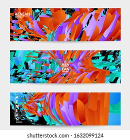Abstract banner template with bright colored random small particle explosion. Sport music social media layout. Optical art dynamic background with outer space motion. Futuristic vector.