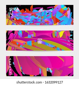 Abstract banner template with bright colored random small particle explosion. Sport music social media layout. Optical art dynamic background with outer space motion. Futuristic vector.