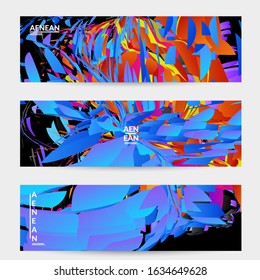 Abstract banner template with bright colored random small particle explosion. Sport music social media layout. Optical art dynamic background with outer space motion. Futuristic vector.