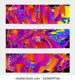 Abstract banner template with bright colored random small particle explosion. Sport music social media layout. Optical art dynamic background with outer space motion. Futuristic vector.