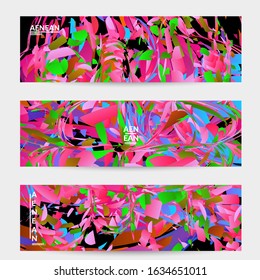 Abstract banner template with bright colored random small particle explosion. Sport music social media layout. Optical art dynamic background with outer space motion. Futuristic vector.