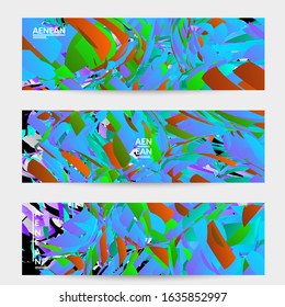 Abstract banner template with bright colored random small particle explosion. Sport music social media layout. Optical art dynamic background with outer space motion. Futuristic vector.