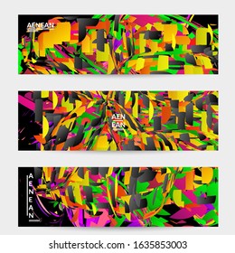 Abstract banner template with bright colored random small particle explosion. Sport music social media layout. Optical art dynamic background with outer space motion. Futuristic vector.