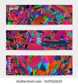 Abstract banner template with bright colored random small particle explosion. Sport music social media layout. Optical art dynamic background with outer space motion. Futuristic vector.