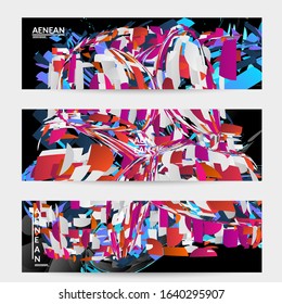 Abstract banner template with bright colored random small particle explosion. Sport music social media layout. Optical art dynamic background with outer space motion. Futuristic vector.