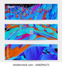 Abstract banner template with bright colored random small particle explosion. Sport music social media layout. Optical art dynamic background with outer space motion. Futuristic vector.
