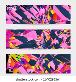 Abstract banner template with bright colored random small particle explosion. Sport music social media layout. Optical art dynamic background with outer space motion. Futuristic vector.