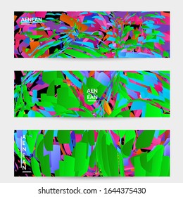 Abstract banner template with bright colored random small particle explosion. Sport music social media layout. Optical art dynamic background with outer space motion. Futuristic vector.