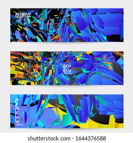 Abstract banner template with bright colored random small particle explosion. Sport music social media layout. Optical art dynamic background with outer space motion. Futuristic vector.