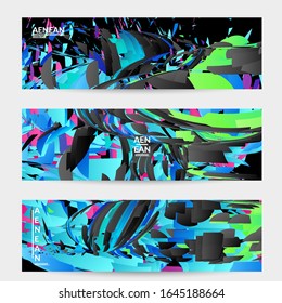 Abstract banner template with bright colored random small particle explosion. Sport music social media layout. Optical art dynamic background with outer space motion. Futuristic vector.