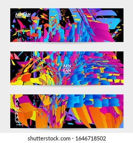 Abstract banner template with bright colored random small particle explosion. Sport music social media layout. Optical art dynamic background with outer space motion. Futuristic vector.