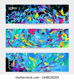 Abstract banner template with bright colored random small particle explosion. Sport music social media layout. Optical art dynamic background with outer space motion. Futuristic vector.
