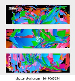 Abstract banner template with bright colored random small particle explosion. Sport music social media layout. Optical art dynamic background with outer space motion. Futuristic vector.
