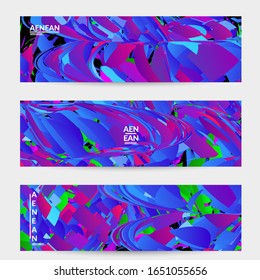Abstract banner template with bright colored random small particle explosion. Sport music social media layout. Optical art dynamic background with outer space motion. Futuristic vector.